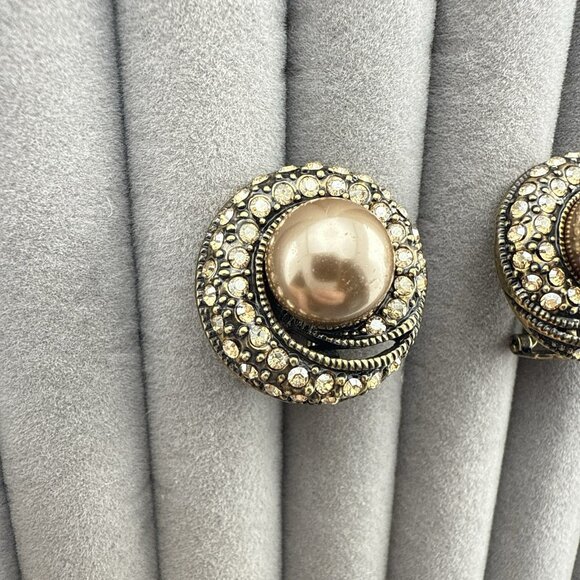 Heidi Daus Earrings Spiral Round Imitation Pearl Rhinestones Mocha Omega Back - Picture 2 of 10